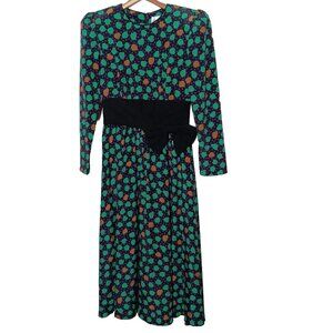 Vintage 80s Act I New York Size 7/8 Dress Midi Floral Black Green Purple Dot Bow